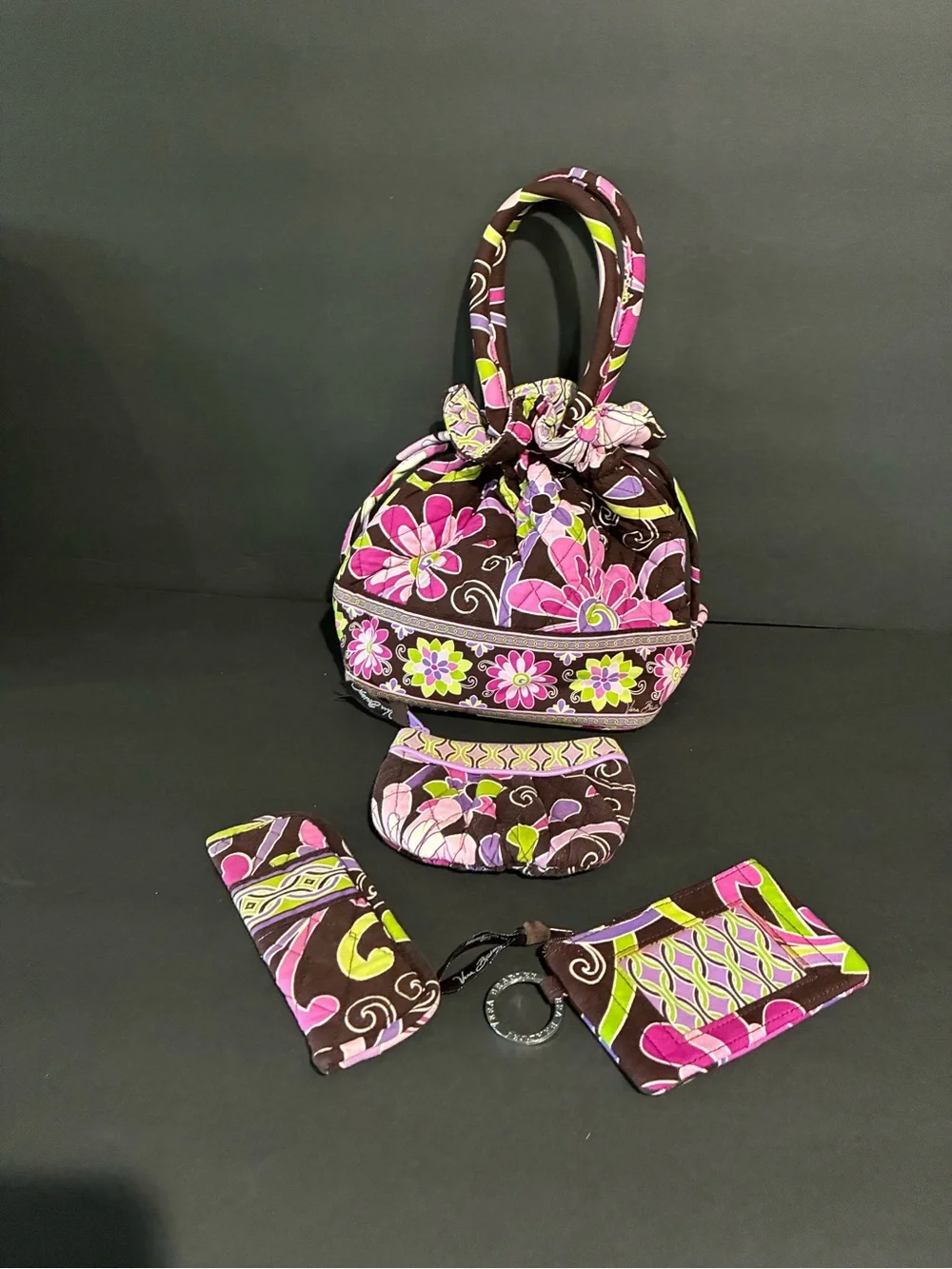 Vera Bradley Brown Floral Drawstring Satchel with Pink & Green Accents